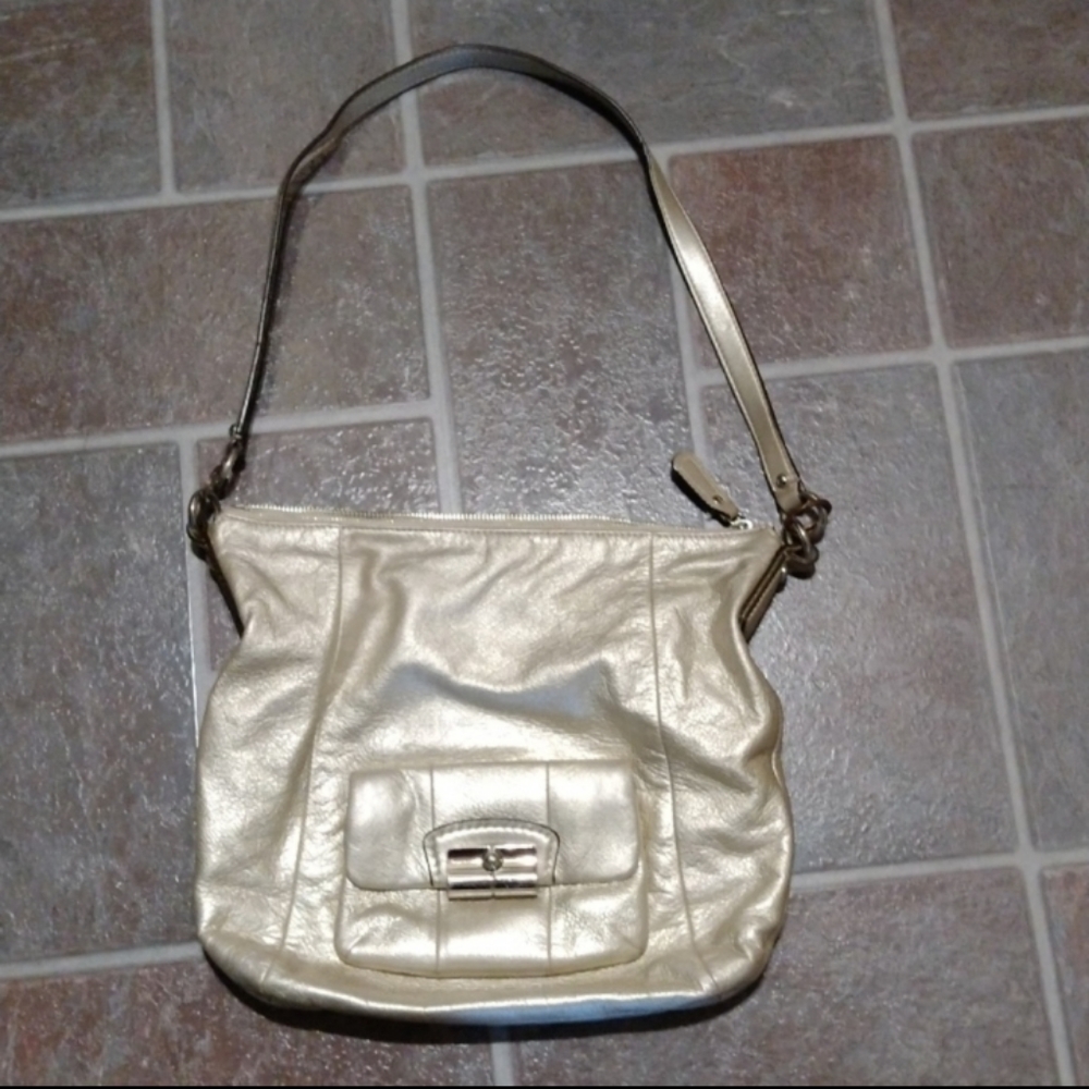 Coach large silver crossbody all leather bag